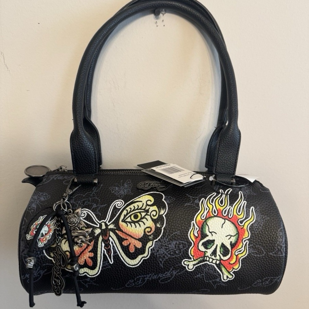 NWT Ed Hardy Black Skull and Butterfly Shoulder Bag black
